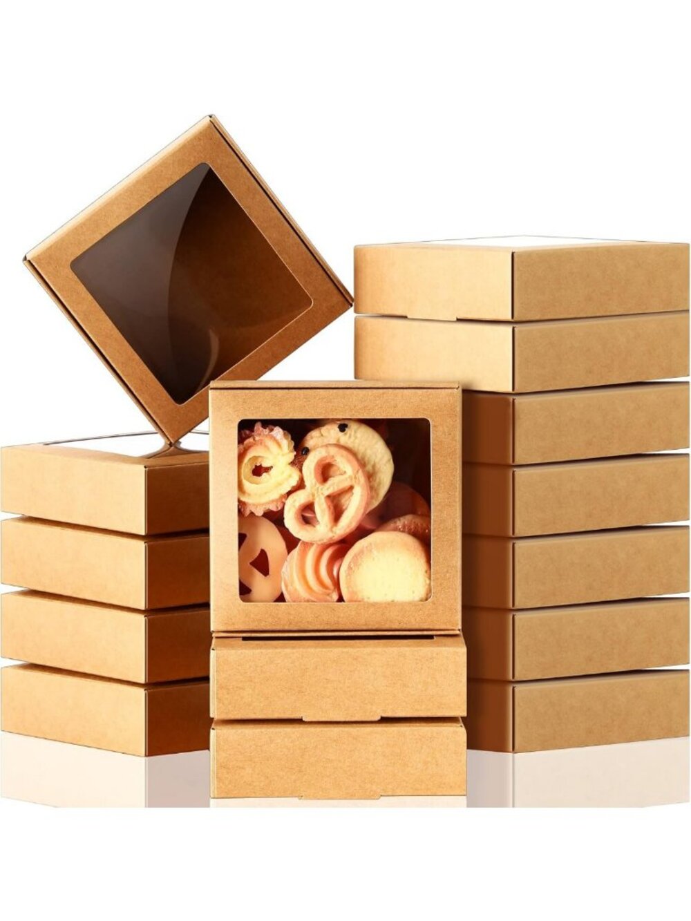 60 Pcs Kraft Paper Gift Boxes with Window - 4.13x4.13x1.18 Inch, Brown Packaging